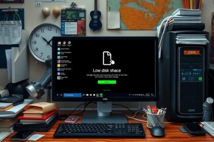 Számítógép képernyője, alacsony lemezképesség üzenettel.