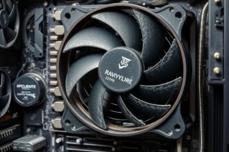 Ventilátor a számítógép belsejében, porral borítva.