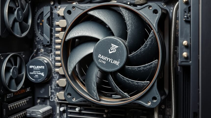 Ventilátor a számítógép belsejében, porral borítva.