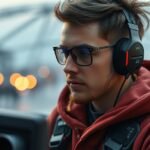 Fiatal gamer videójátékot játszik fülhallgatóval és szemüveggel