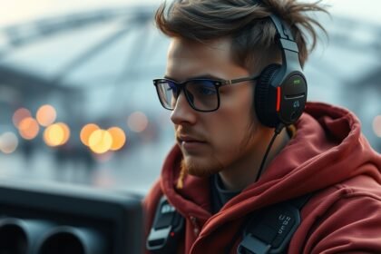 Fiatal gamer videójátékot játszik fülhallgatóval és szemüveggel