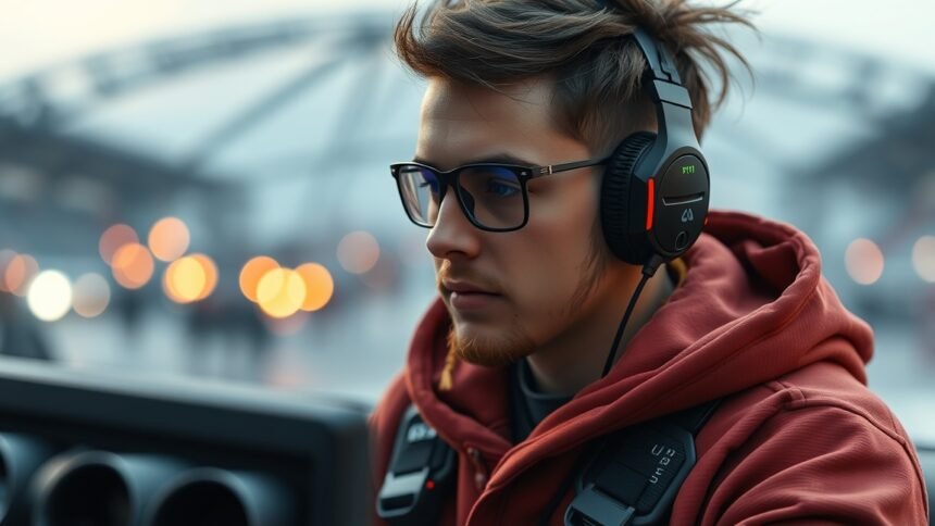 Fiatal gamer videójátékot játszik fülhallgatóval és szemüveggel