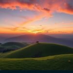 Nyugtató tájkép naplementével és zöld dombokkal a Windows 11 háttérképhez.