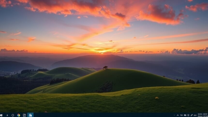 Nyugtató tájkép naplementével és zöld dombokkal a Windows 11 háttérképhez.