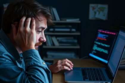 Férfi stresszes helyzetben számítógépnél frissítési hiba miatt.