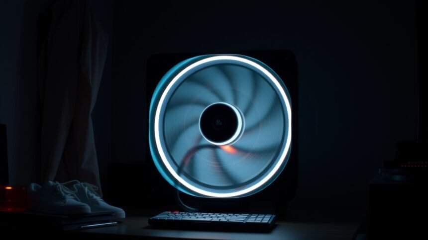 Számítógép ventilátor pörög, háttérben sötét szoba.