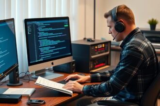 Fiatal férfi számítógép mellett, BIOS frissítési útmutatóval a kezében.