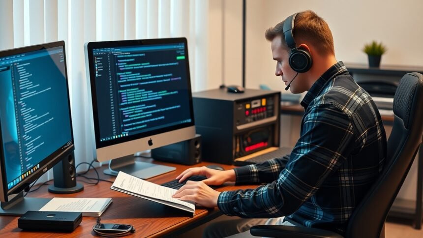 Fiatal férfi számítógép mellett, BIOS frissítési útmutatóval a kezében.