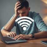 Fiatal férfi frusztráltan nézi a laptopját Wi-Fi jel elérhetőséggel.