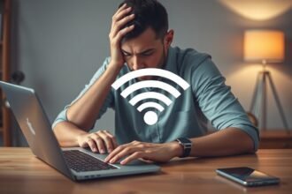 Fiatal férfi frusztráltan nézi a laptopját Wi-Fi jel elérhetőséggel.