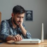 Fiatal férfi Wi-Fi routert állít be a lassú internet sebesség javítása érdekében.