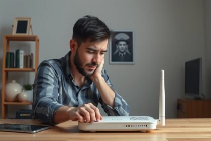 Fiatal férfi Wi-Fi routert állít be a lassú internet sebesség javítása érdekében.