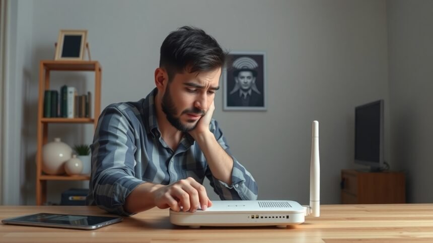 Fiatal férfi Wi-Fi routert állít be a lassú internet sebesség javítása érdekében.