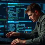 Férfi a számítógép előtt, IP-cím ütközés megoldásán dolgozik.