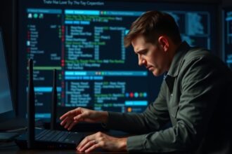 Férfi a számítógép előtt, IP-cím ütközés megoldásán dolgozik.