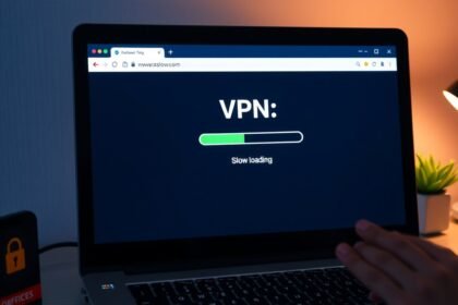Laptop showing a VPN loading screen with slow internet message