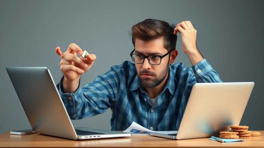 Férfi weboldalak betöltési problémával küzd a laptopján.