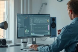 Felhasználó számítógépen dolgozik hangszórókkal és szoftver grafikonokkal.