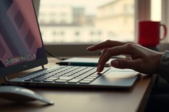 Kéz egy laptop érintőpadján, amelyen gesztusok használatával navigál.