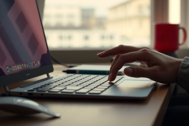 Kéz egy laptop érintőpadján, amelyen gesztusok használatával navigál.