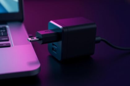 Modern laptoptöltő csatlakoztatva laptophoz technológiai háttérrel