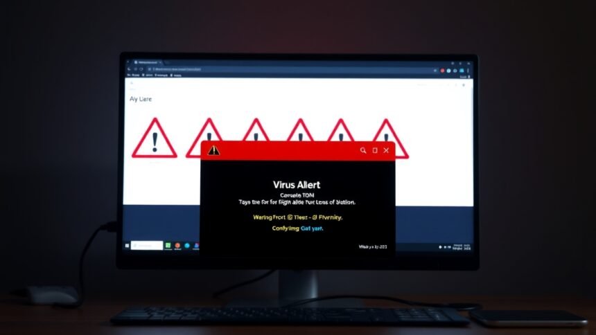 Számítógépen megjelenő vírusfigyelmeztetés üzenet