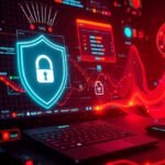 Számítógépes vírusirtó grafika biztonsági pajzzsal és adatokkal.