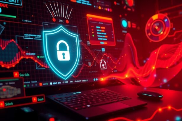 Számítógépes vírusirtó grafika biztonsági pajzzsal és adatokkal.