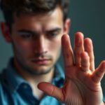 Fiatal férfi, aki visszahúzza a kezét, jelezve a gyanús linkek elkerülését.