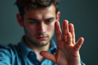 Fiatal férfi, aki visszahúzza a kezét, jelezve a gyanús linkek elkerülését.