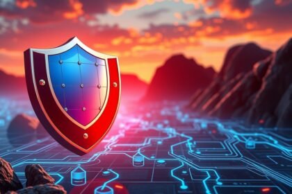 Digitális védelmi pajzs a kiberbiztonság szimbóluma.