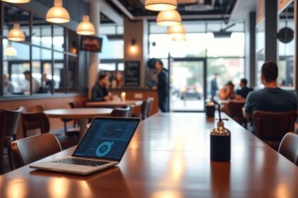 Laptop on a table in a café with patrons enjoying public Wi-Fi.