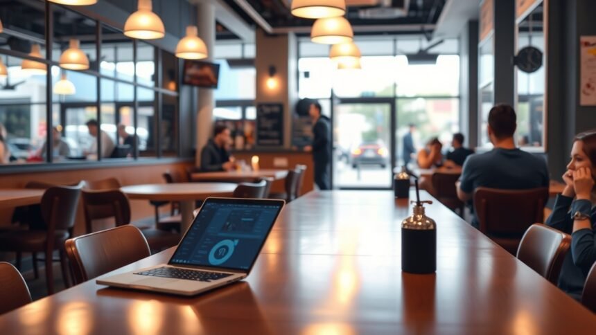 Laptop on a table in a café with patrons enjoying public Wi-Fi.