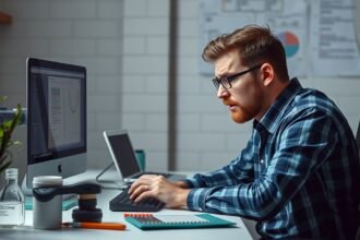 Férfi dolgozik Excel táblázaton számítógépen.