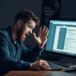 Férfi komputer előtt frusztráltan uninstaller szoftvert használ