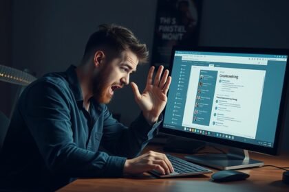 Férfi komputer előtt frusztráltan uninstaller szoftvert használ