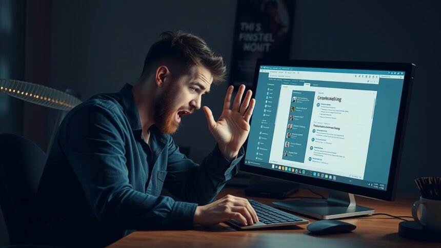 Férfi komputer előtt frusztráltan uninstaller szoftvert használ