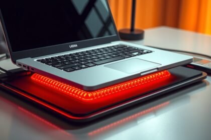 Laptop hűtőpadon piros világítással, számítógép karbantartási tippekhez.