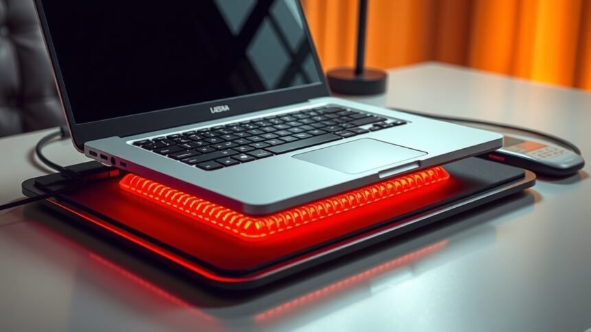 Laptop hűtőpadon piros világítással, számítógép karbantartási tippekhez.