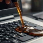 Kávé ömöl a laptop billentyűzetére, tisztítás szükséges.