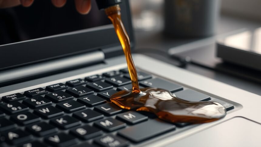 Kávé ömöl a laptop billentyűzetére, tisztítás szükséges.