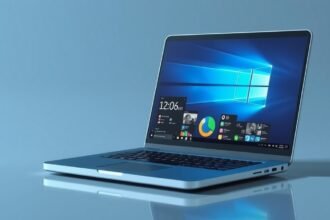 Modern laptop with Windows operating system on blue background