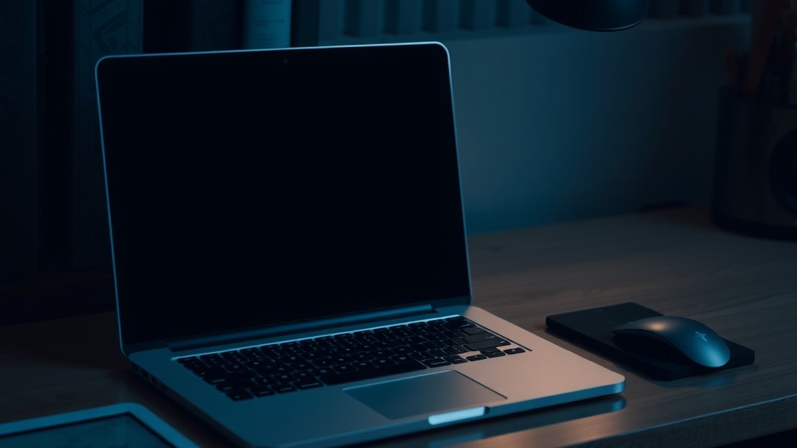 Egy ki nem kapcsolt laptop a sötétben, mellette egy egér