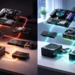 Különböző PC-komponensek tájékoztató látképe: processzor, RAM, SSD, videókártya és tápegység.