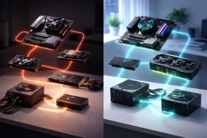 Különböző PC-komponensek tájékoztató látképe: processzor, RAM, SSD, videókártya és tápegység.