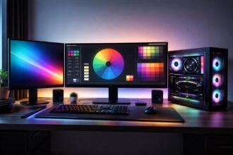 Grafikus munkaállomás részletei: erőteljes PC, minőségi monitor, színkijelzés optimalizálva, gyors tárhely és megfelelő hűtés.