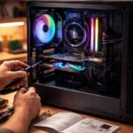 Kezdő PC-építő a belső alkatrészeket vizsgálja és jegyzeteket készít a gépház előtt.