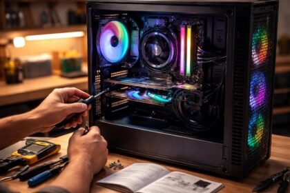 Kezdő PC-építő a belső alkatrészeket vizsgálja és jegyzeteket készít a gépház előtt.