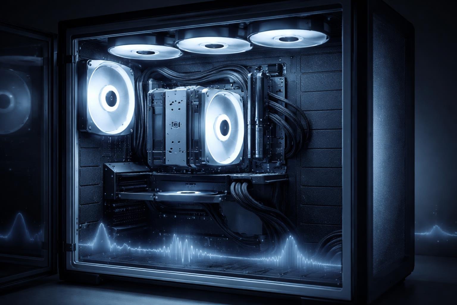 Zajcsökkentett PC belső komponensek, halk ventilátorok, csendes tápegység és megvilágított alaplapi terület.