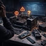 Szétszerelt számítógép belső alkatrészeinek részletes, hibákkal tarkított vizuális ábrája, bemutatva kompatibilitási kockázatokat.